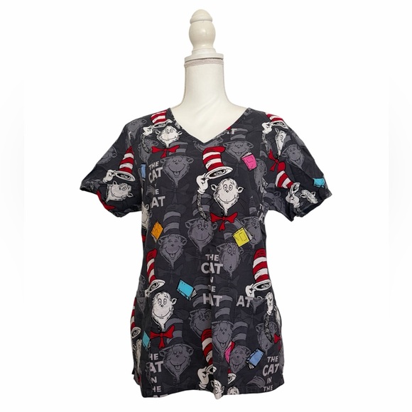 Dr. Seuss The Cat in The Hat Print Nursing Medical Scrub Top Women’s Medium - Picture 5 of 5